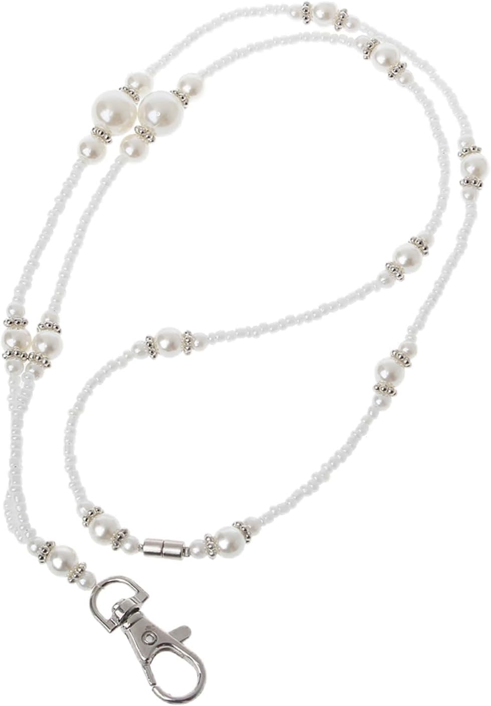 White Pearls Bead Lanyard Necklace with Breakaway Clasp ID Badge Holder Fashionable Chain Gift for Women Girls Cotton Rope