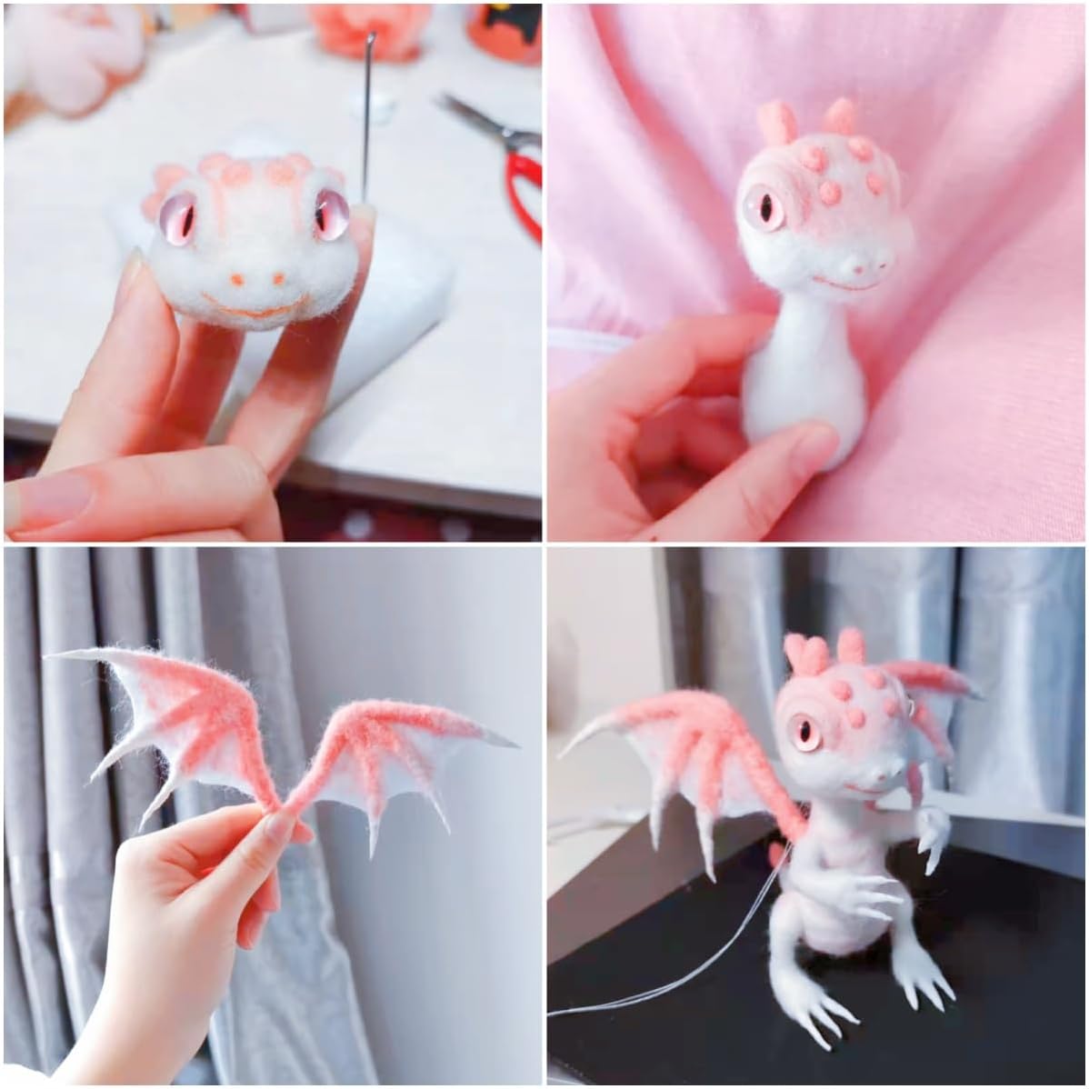 Needle Felting Kits for Beginners, Green and Pink Dragon Wool Felt Project