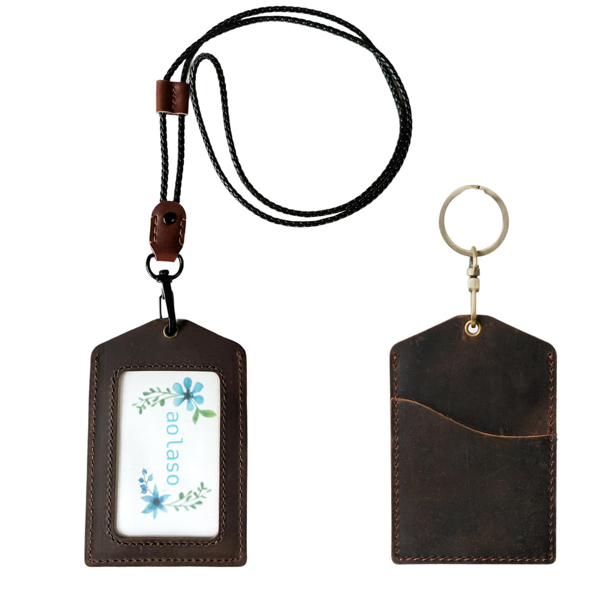 Badge Holder, Handmade Leather ID Card Badge Holder with Carabiner Clip