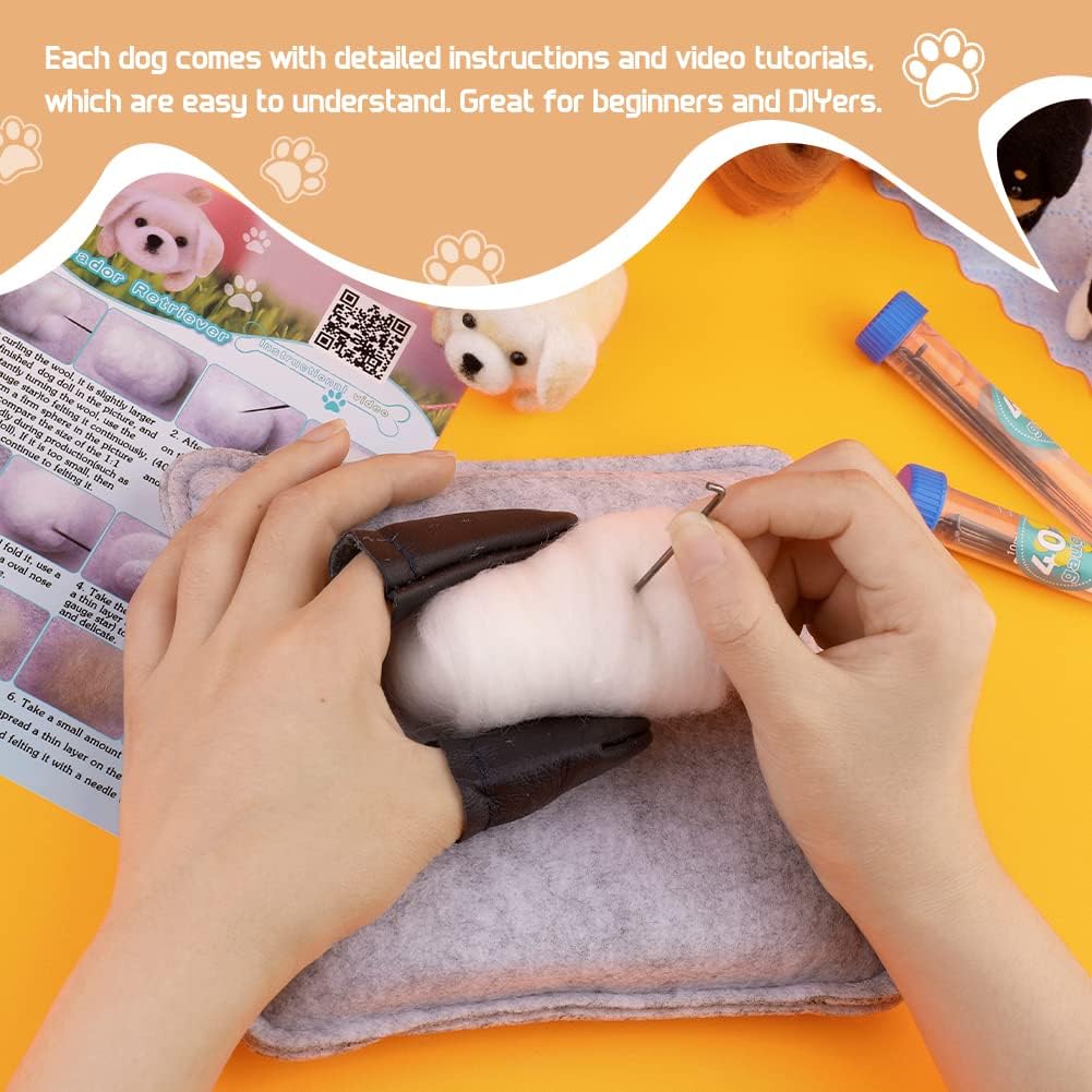 Needle Felt Starter Kit, 6 Pieces Dog Wool Needle Felting Kit, Needles Felting Supplies with Instruction,Felting Foam Mat, Wool Felting Kit for DIY Craft Animal Home Decoration