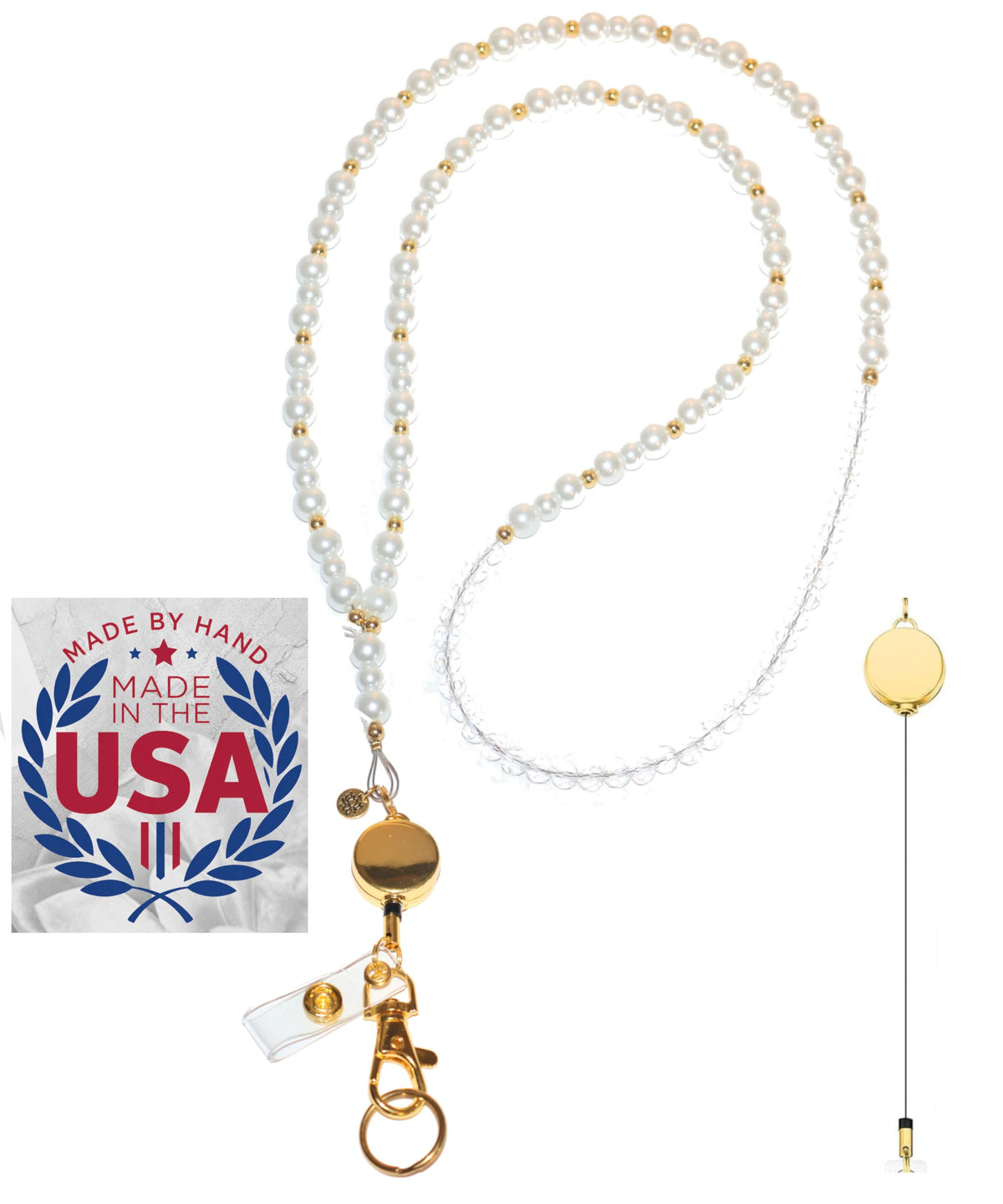 Hidden Hollow Beads Pearl & Gold Women's Handmade in USA Beaded Fashion Lanyard 34" Teacher ID Badge Holder Keys Cruise Phone