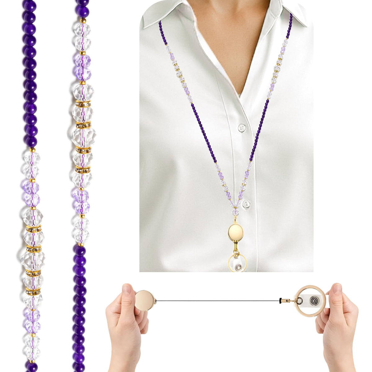 Retractable Lanyard for ID Badges and Keys Natural Stone Crystal Name Badge Necklace for Teachers