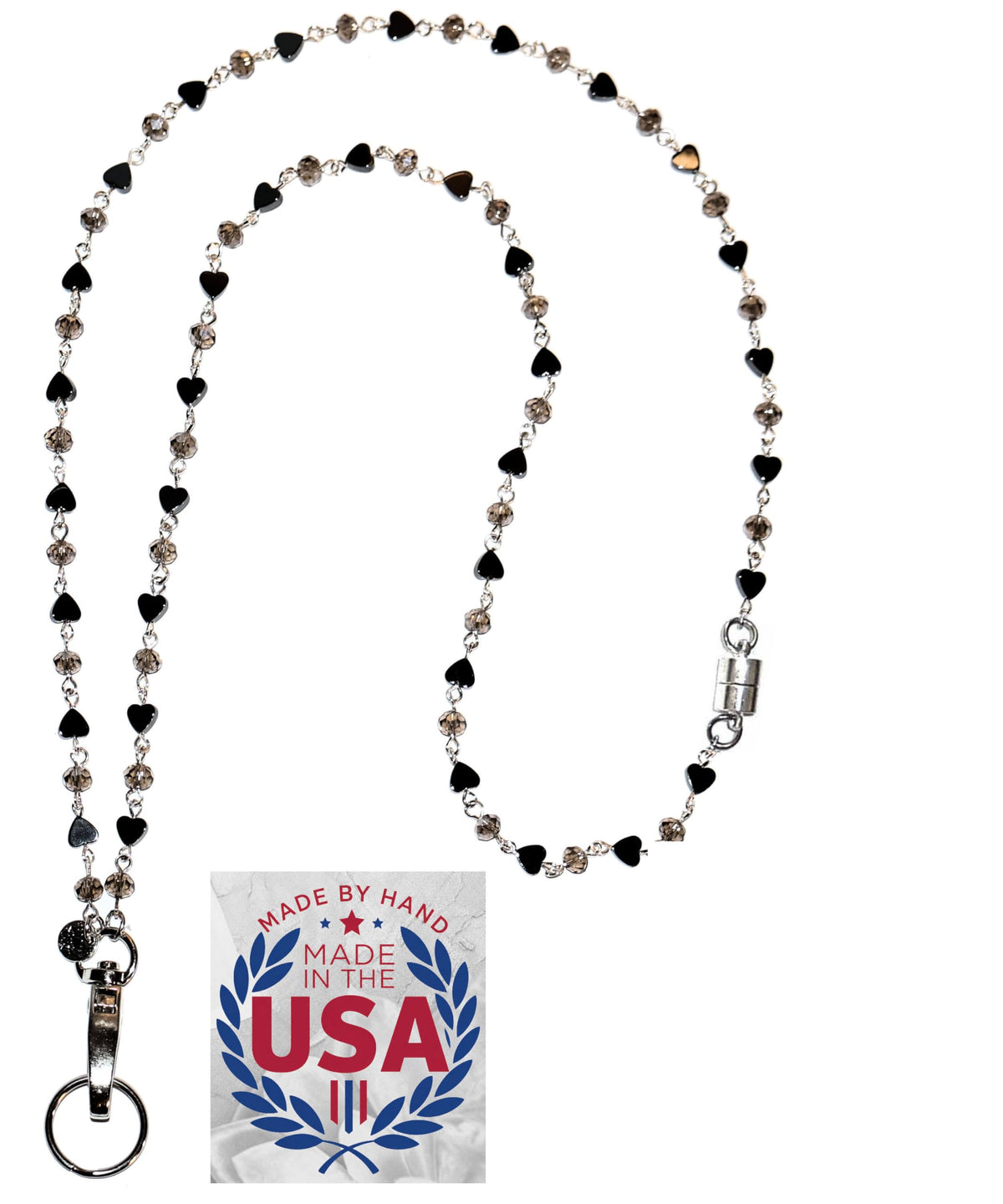 Hidden Hollow Beads Hematite & Crystal Chain Lanyards for ID Card Badge Holder 34", USA Women Teacher Nurse Cruise Keys Cell Phone
