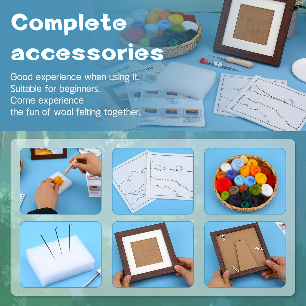QMNNMA Needle Felting Kits for Beginners, Needle Felt Painting Kit, Wool Felting Kit with Picture Frame, Foam Pad, Felt Cloth, and Instructions, Used for Home Decoration, Art Craft