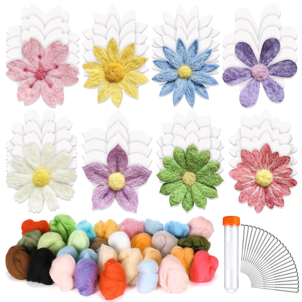 HunnmingRe 32 Set Needle Felting Kits Needle Felting Supplies for Beginner Include Wool Roving Pad and Needles for DIY Home Decoration Art Craft(Flowers)