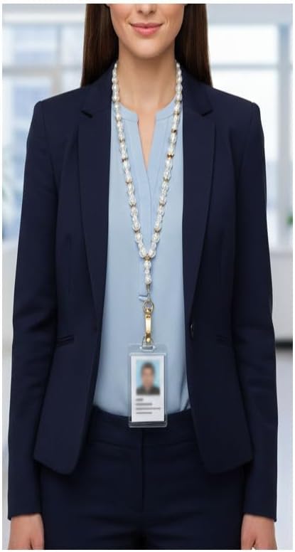 Hidden Hollow Beads Pearl & Gold Women's Handmade in USA Beaded Fashion Lanyard 34" Teacher ID Badge Holder Keys Cruise Phone