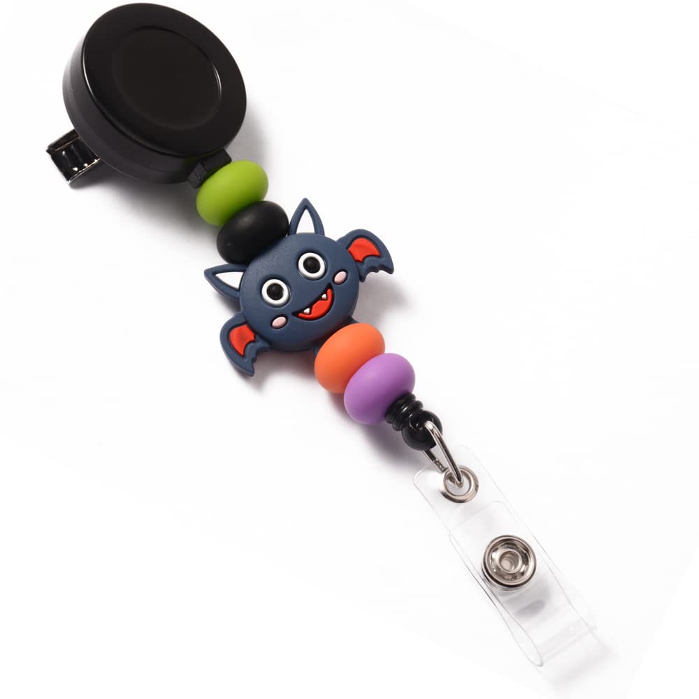 Silicone Bead Retractable Badge Holders Shape Pumpkin Devil Ghost Cute Badge Reel for Doctor Nurse Teacher ID Badge Clip (Pink Rainbow)