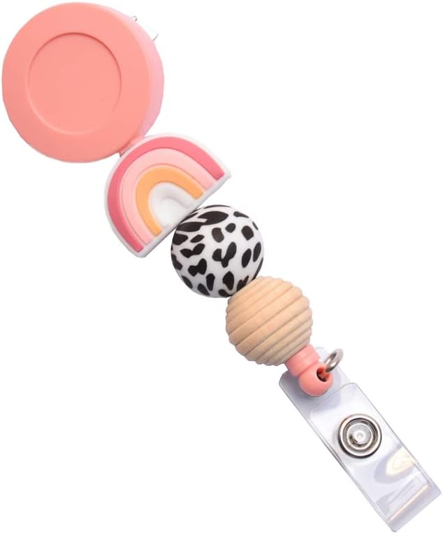 Silicone Bead Retractable Badge Holders Shape Pumpkin Devil Ghost Cute Badge Reel for Doctor Nurse Teacher ID Badge Clip (Pink Rainbow)