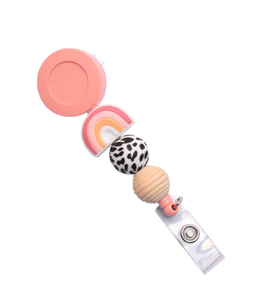 Silicone Bead Retractable Badge Holders Shape Pumpkin Devil Ghost Cute Badge Reel for Doctor Nurse Teacher ID Badge Clip (Pink Rainbow)