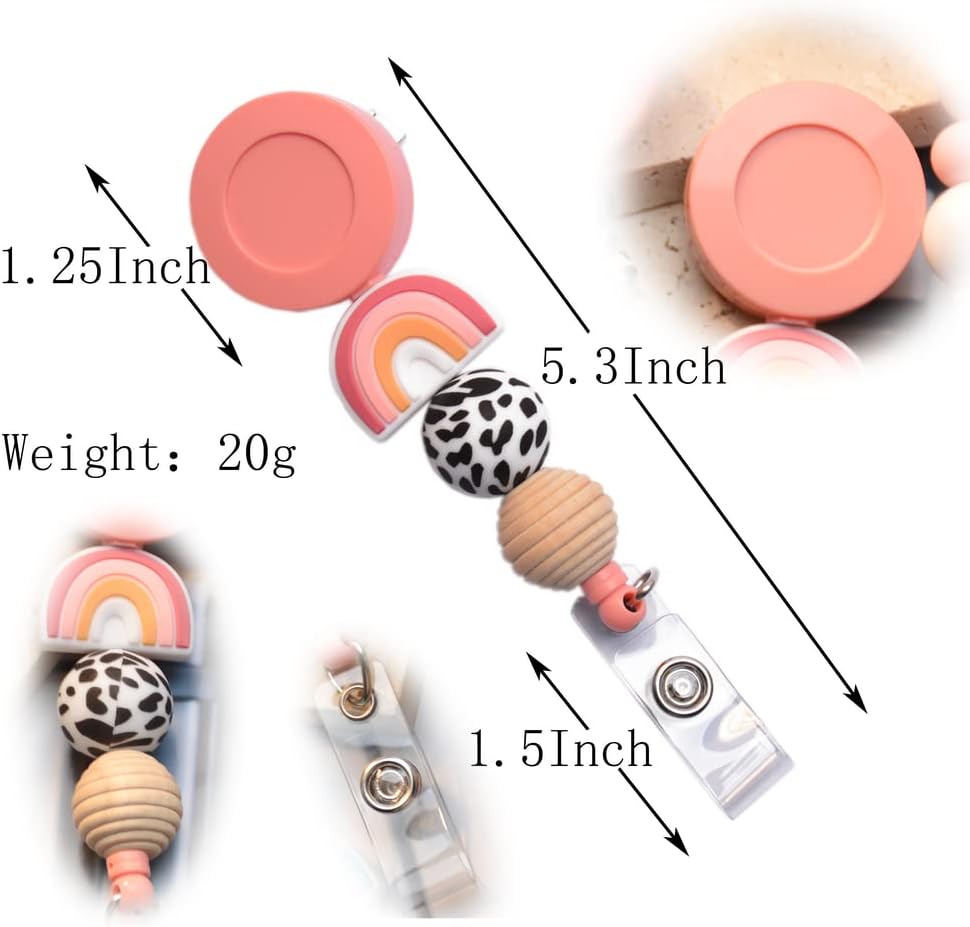 Silicone Bead Retractable Badge Holders Shape Pumpkin Devil Ghost Cute Badge Reel for Doctor Nurse Teacher ID Badge Clip (Pink Rainbow)
