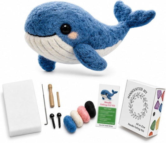 FACE N FACE DIY Needle Felting Kit Cute Blue Whale – Needle Felting Starter Kit with Fiber Roving, Needles, Felting Pad & Instructions | Felted Ocean Animal Kit for Beginners Adults | DIY Craft Gift