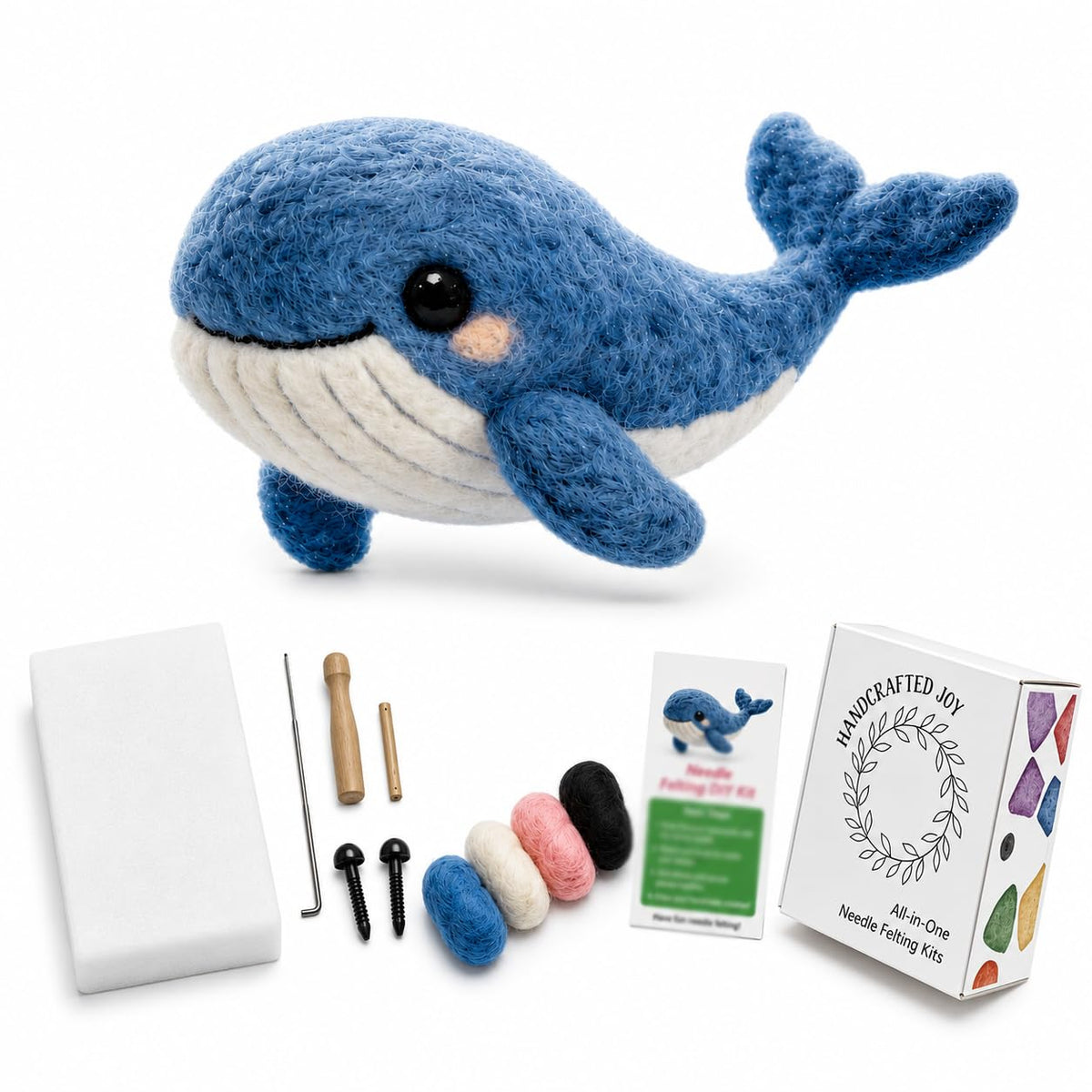 FACE N FACE DIY Needle Felting Kit Cute Blue Whale – Needle Felting Starter Kit with Fiber Roving, Needles, Felting Pad & Instructions | Felted Ocean Animal Kit for Beginners Adults | DIY Craft Gift