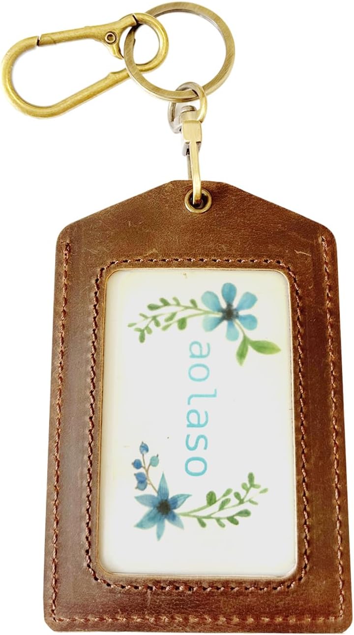 Badge Holder, Handmade Leather ID Card Badge Holder with Carabiner Clip