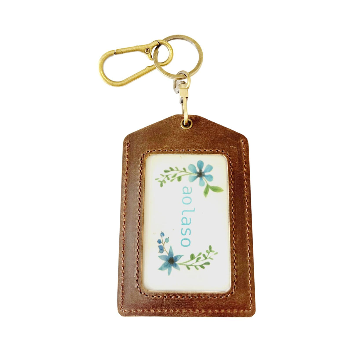 Badge Holder, Handmade Leather ID Card Badge Holder with Carabiner Clip