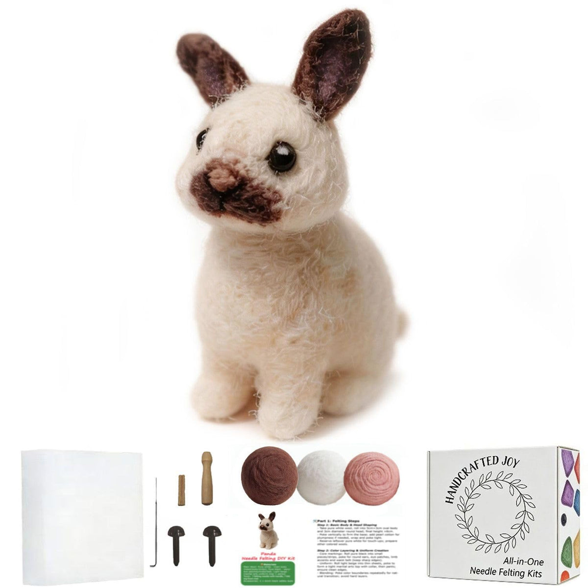 FACE N FACE DIY Needle Felting Kit Realistic White Rabbit Tan Ears – Needle Felting Starter Kit with Fiber Roving, Needles, Felting Pad & Instructions | Felted Rabbit Animal Kit for Beginners Adults