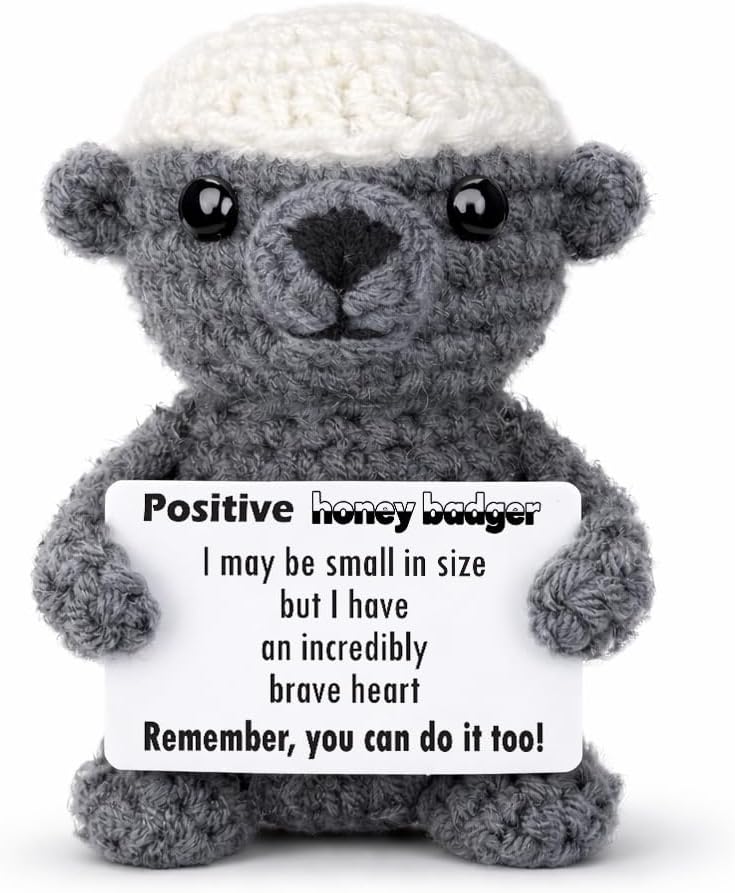 Crochet Honey Badger Positive Affirmation Brave Gift - Funny Inspirational Mini Animal Theme Desk Decor, Graduation Encouragement Present for Son Daughter Student Graduate, Daily affirmation Gifts