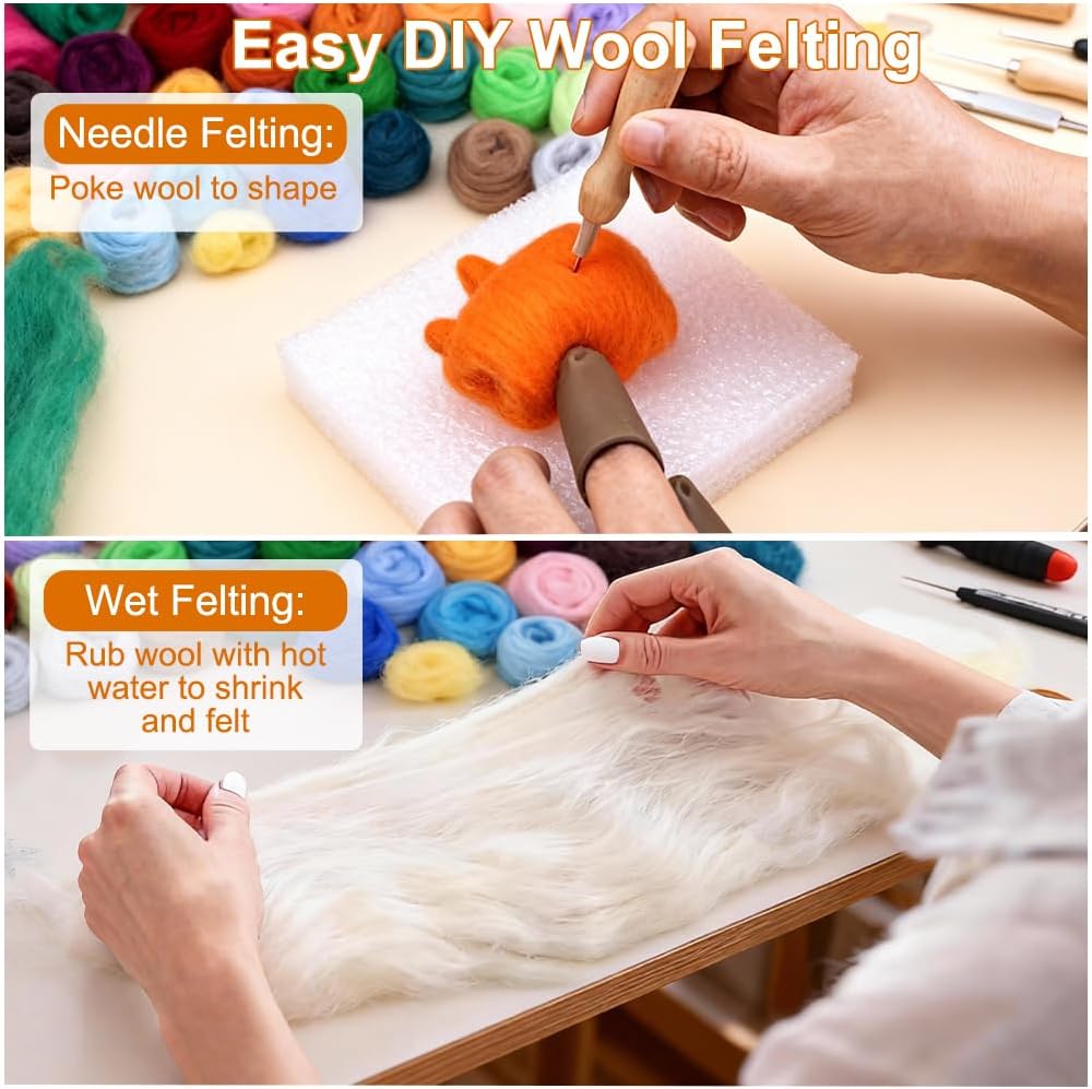Ainiv 18 Pcs Needle Felting Wool, 9 Colors x 2 Packs Wool Roving, Brown
