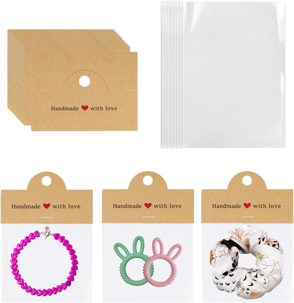 100Pcs Jewelry Packaging for Small Business, Handmade with Love Jewelry Display Cards with Clear Bags for Selling, Small Craft Packaging Set for Bracelets, Key Chains, Earring (Kraft)