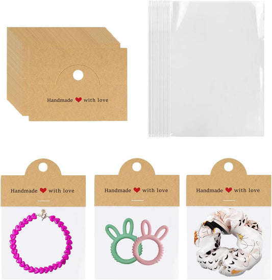 100Pcs Jewelry Packaging for Small Business, Handmade with Love Jewelry Display Cards with Clear Bags for Selling, Small Craft Packaging Set for Bracelets, Key Chains, Earring (Kraft)