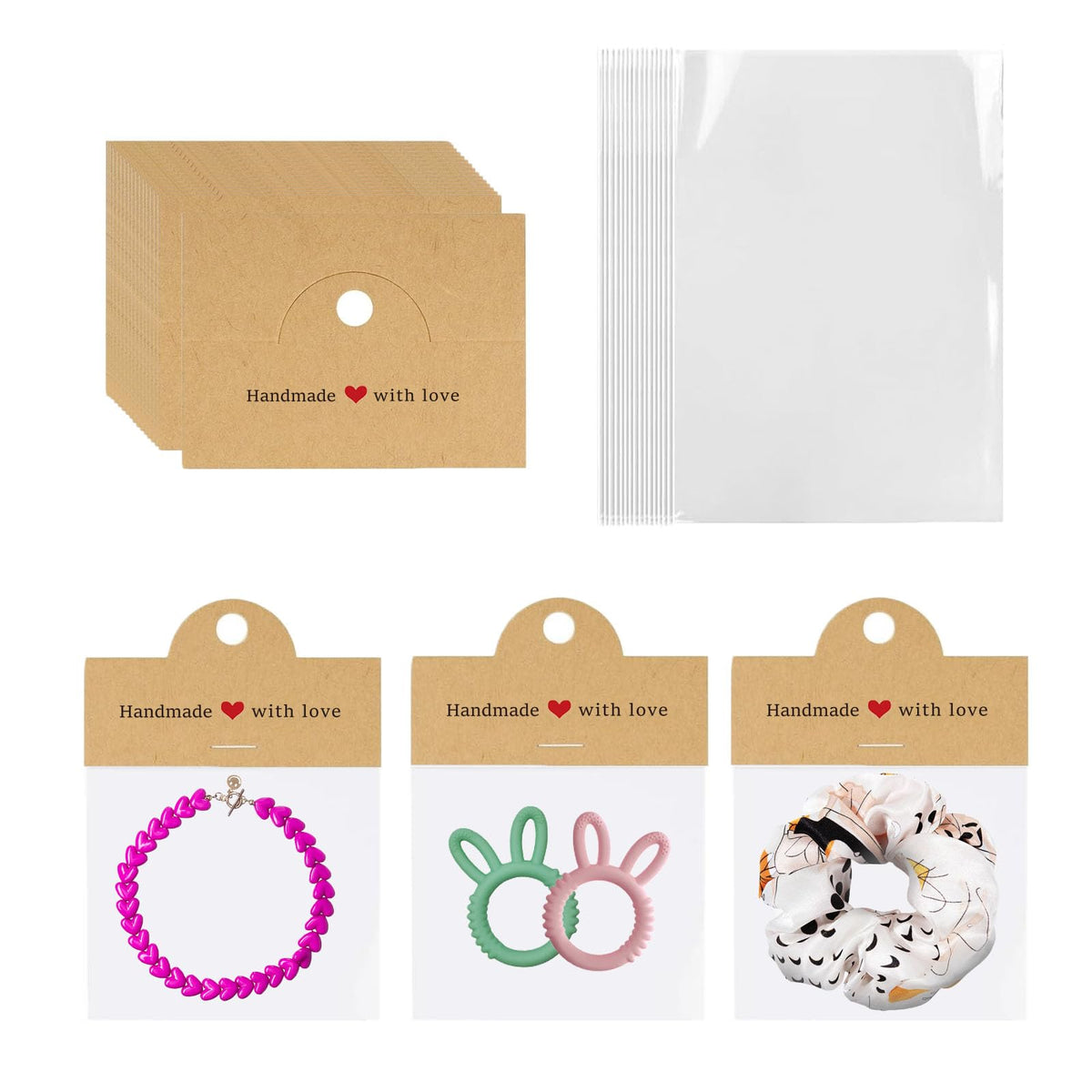 100Pcs Jewelry Packaging for Small Business, Handmade with Love Jewelry Display Cards with Clear Bags for Selling, Small Craft Packaging Set for Bracelets, Key Chains, Earring (Kraft)