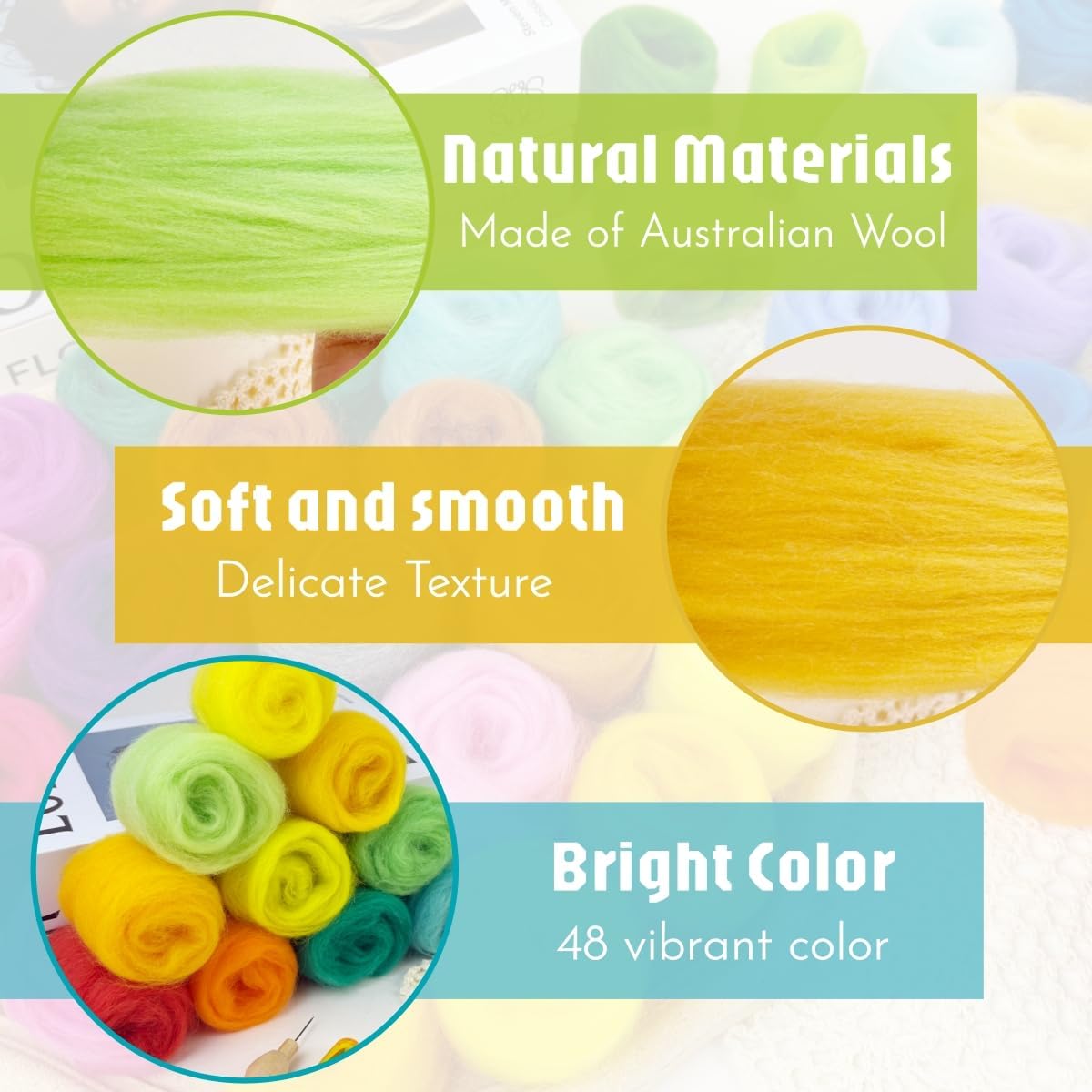 IcosaMro Needle Felting Kit 48 Color Wool Roving with Felting Needles Tools