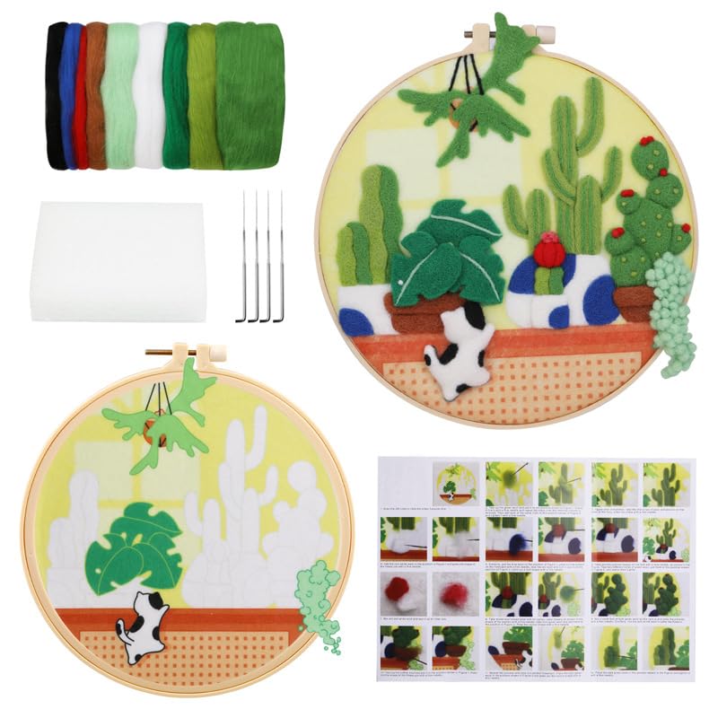 Wonafa DIY Wool Needle Felt Starter Kit, Beginner Needle Felt Kit with Wool Felt Bag, Felts Needles, Photo Frame, Foam Mat, Felts Cloth and Instructions for Home Decor, Art Crafts (K2)