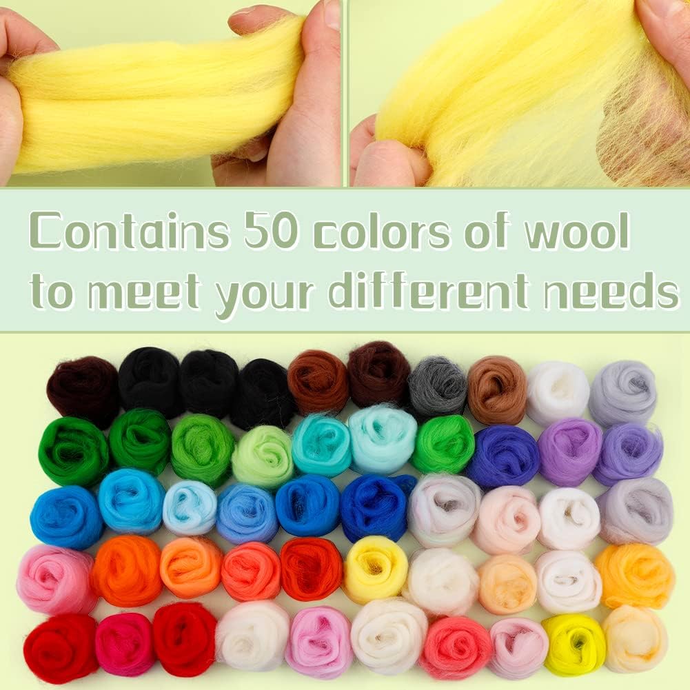 JUPEAN Needle Felting Kits for Beginners Adults 50 Colors Wool Felting Kit