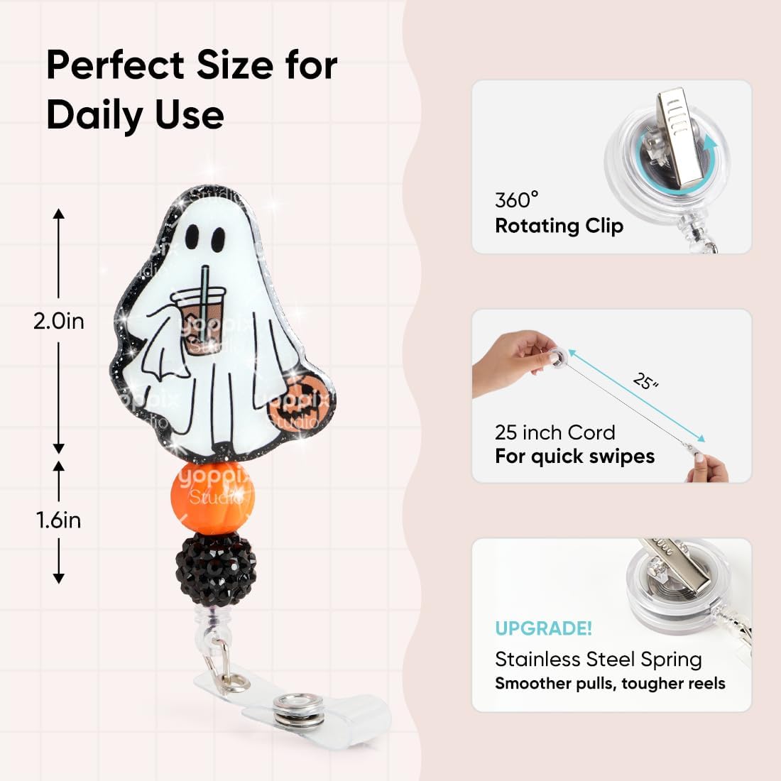 YOPPIX Halloween Badge Reel, Pumpkin Ghost Sparkly Glitter Retractable Badge Reel for Nurses RN EN Doctor Paramedic Teachers Medical Office Womens