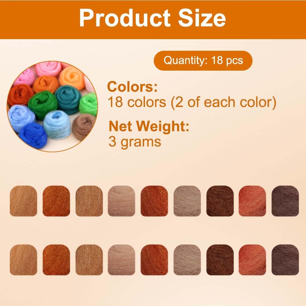 Ainiv 18 Pcs Needle Felting Wool, 9 Colors x 2 Packs Wool Roving, Brown