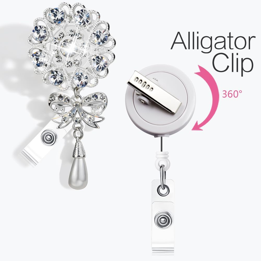 Handmade Bling Rhinestones Retractable Badge Reel, Name Badge Holder with Alligator Swivel ID Badge Clip
