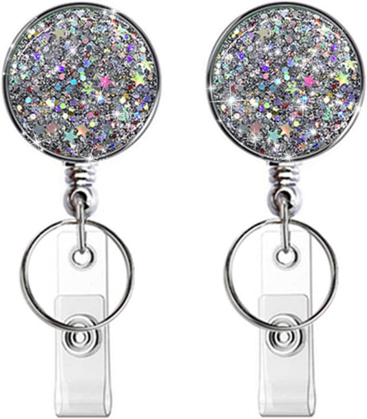 Boutilon Retractable Badge Holder, Retractable Badge Reels,Lightweight Plastic Badge Reel Card Holder with Key Ring Backing Belt Clip for Nurse,Volunteer,Teacher,Student(Glitter Silver 2pack)