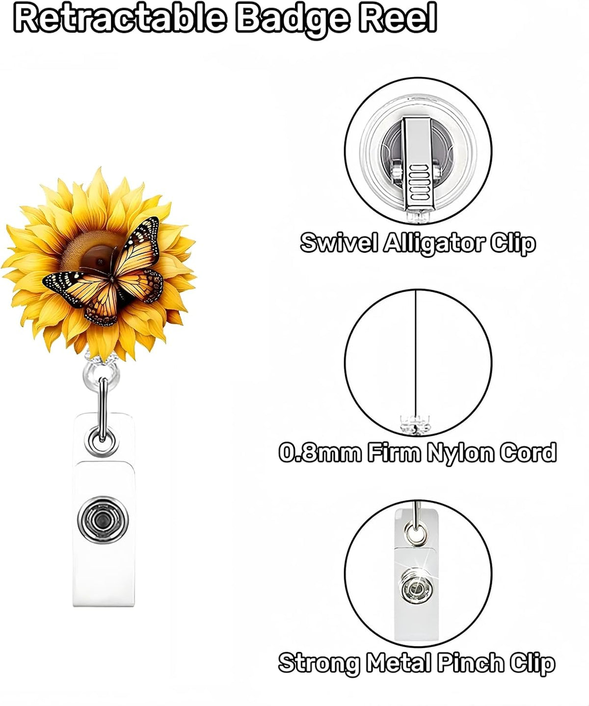 Yellow Sunflower Butterfly Badge Clip Cute Funny Badge Reels Retractable Name Badge Reel Glitter Badge Clip Summer Retractable Badge Holders Id Badge Reel for Nurse Doctor Student Office Gifts