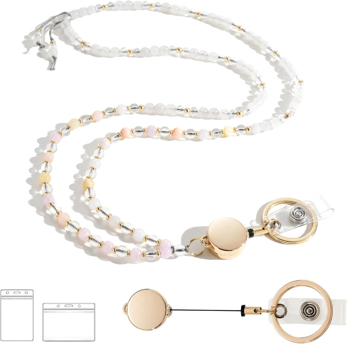 Natural Stone Beaded Lanyards for ID Badges and Keys, Morganite