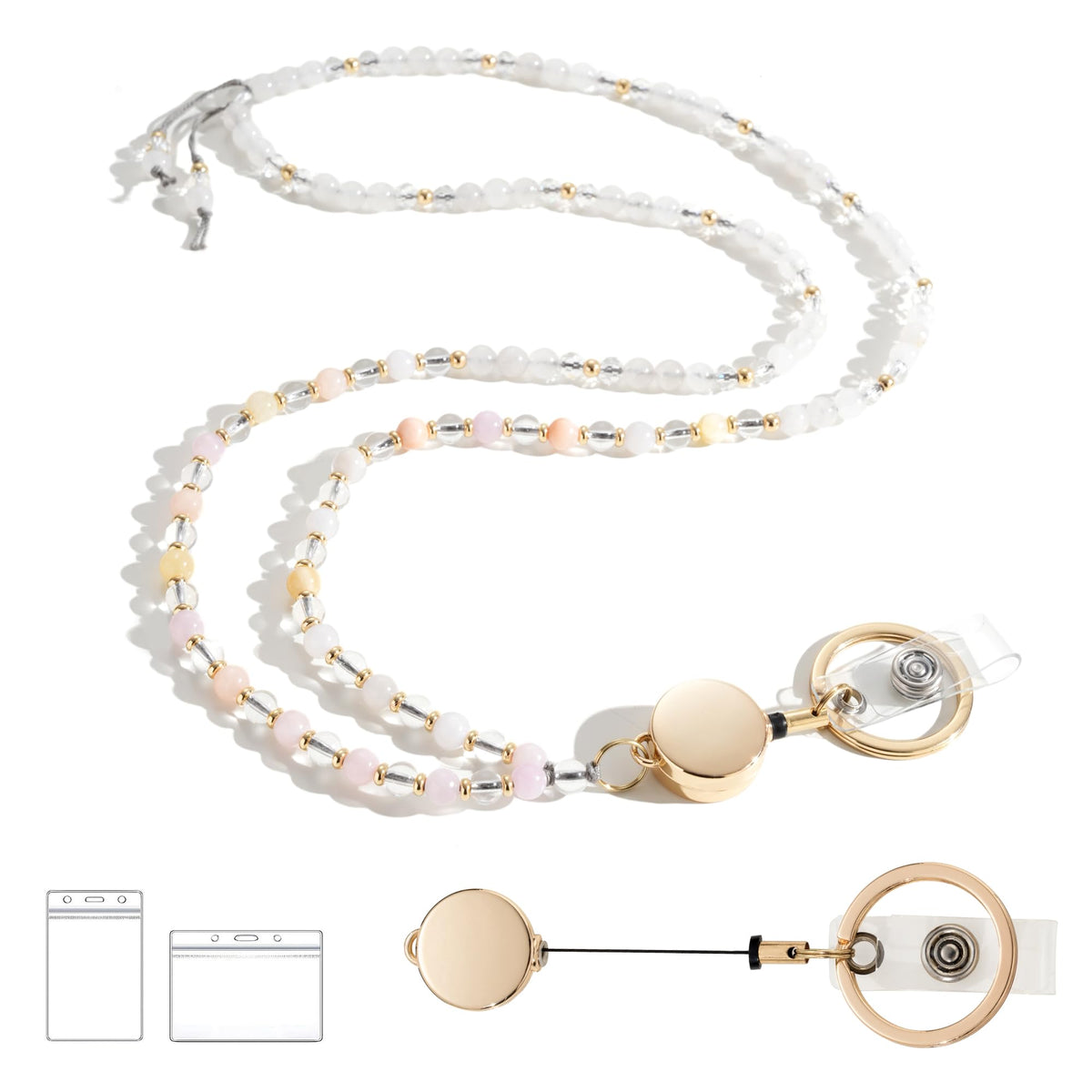 Natural Stone Beaded Lanyards for ID Badges and Keys, Morganite