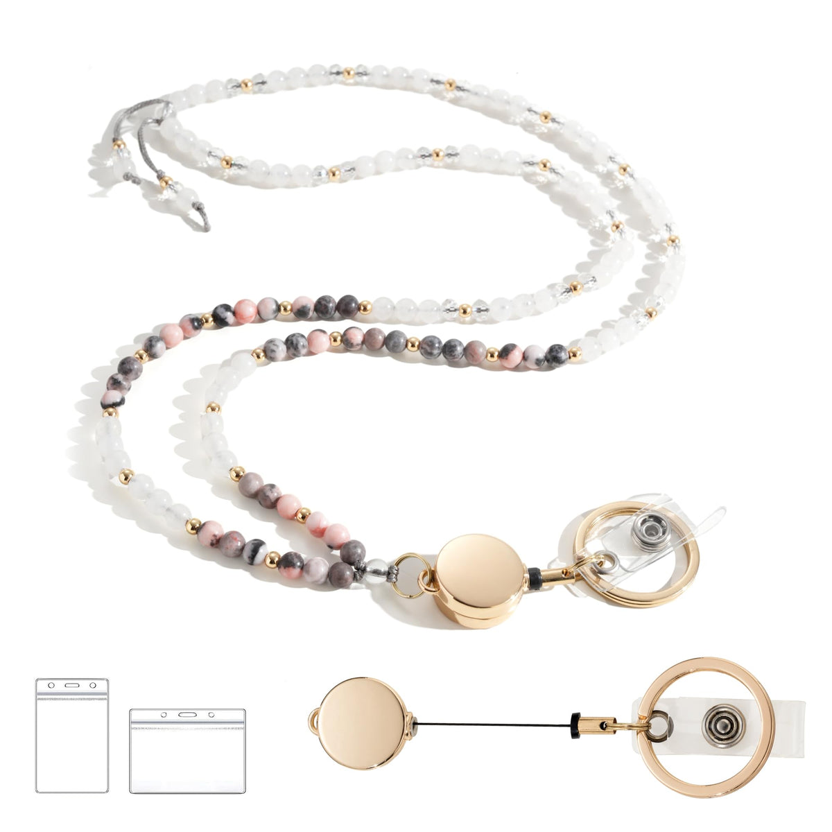 Natural Stone Beaded Lanyards for ID Badges and Keys, Morganite