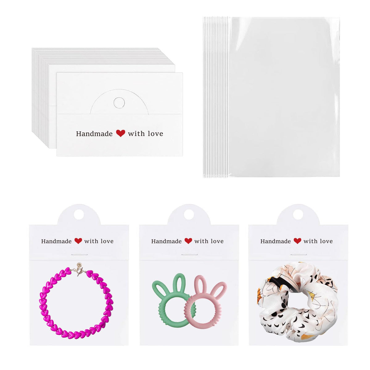100Pcs Jewelry Packaging for Small Business, Handmade with Love Jewelry Display Cards with Clear Bags for Selling, Small Craft Packaging Set for Bracelets, Key Chains, Earring (Kraft)