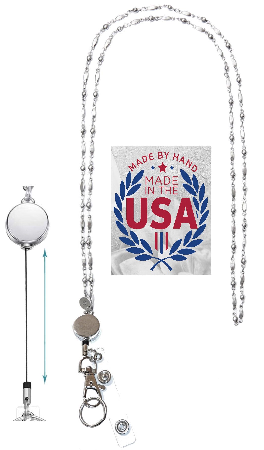 Hidden Hollow Beads Retractable Badge Reel, Women's Beaded Lanyard Strong ID Card Holder, Keys Teacher Nurse Cruise Keychain