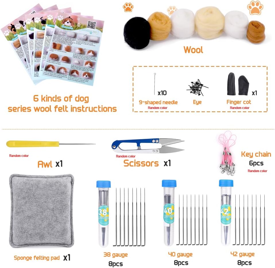 Needle Felt Starter Kit, 6 Pieces Dog Wool Needle Felting Kit, Needles Felting Supplies with Instruction,Felting Foam Mat, Wool Felting Kit for DIY Craft Animal Home Decoration