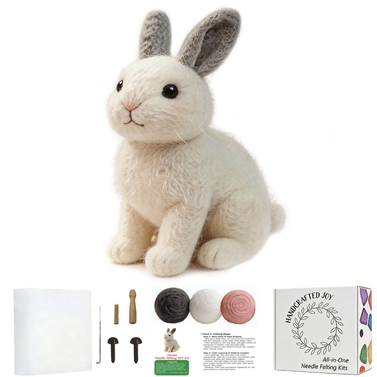 FACE N FACE DIY Needle Felting Kit Realistic White Rabbit Tan Ears – Needle Felting Starter Kit with Fiber Roving, Needles, Felting Pad & Instructions | Felted Rabbit Animal Kit for Beginners Adults