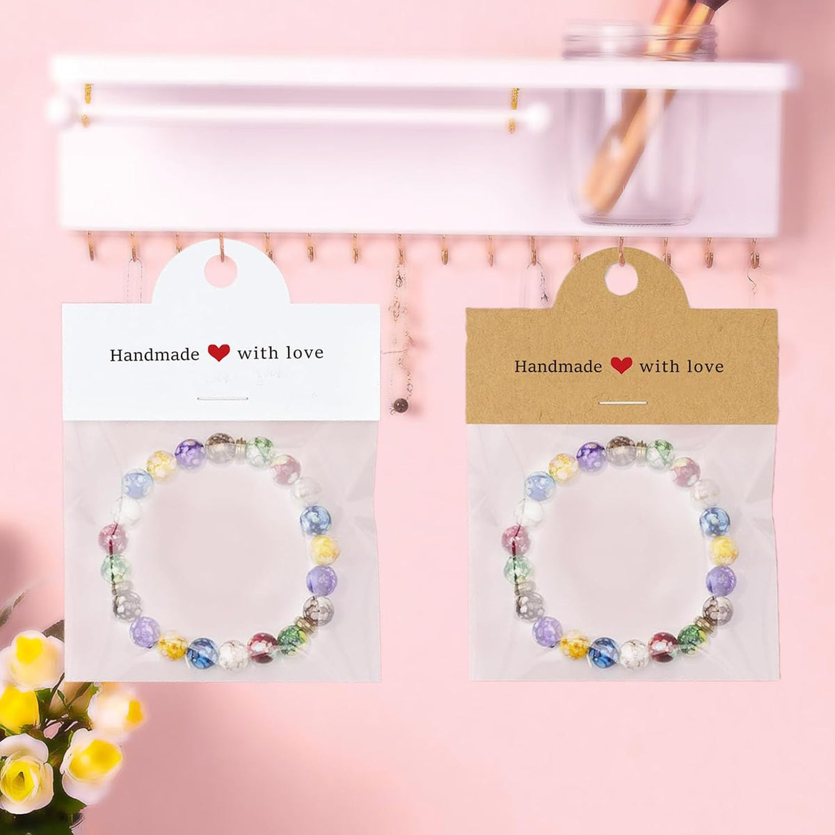 100Pcs Jewelry Packaging for Small Business, Handmade with Love Jewelry Display Cards with Clear Bags for Selling, Small Craft Packaging Set for Bracelets, Key Chains, Earring (Kraft)