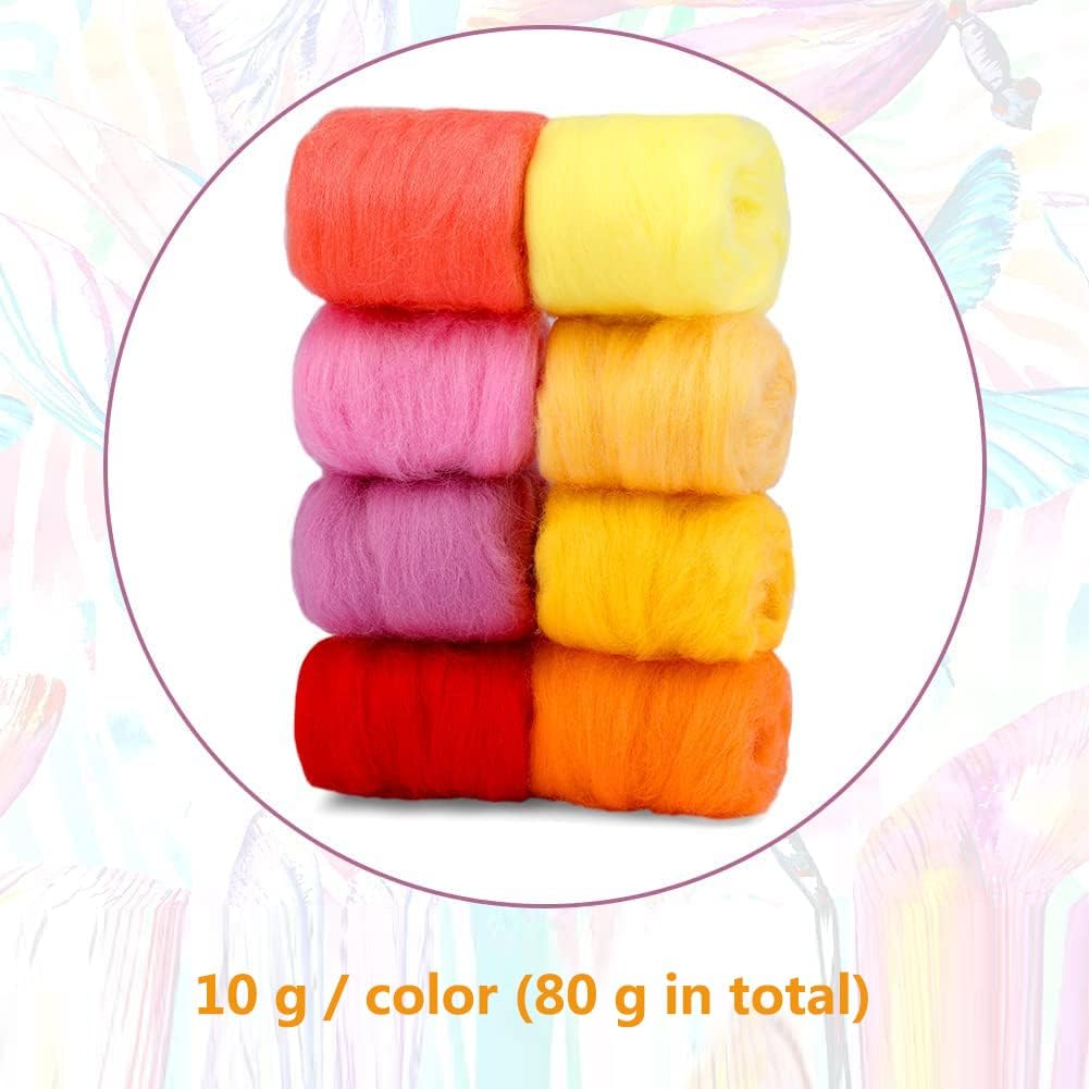 Wonvoc Needle Felting Wool 2.82oz /80g, 8 Colors Wool Roving (Summer)