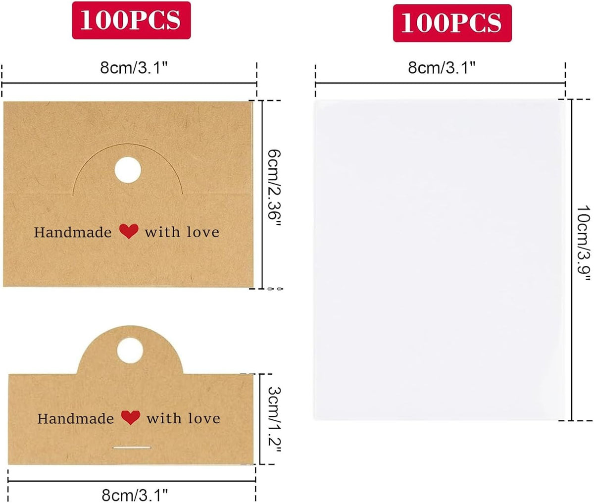 100Pcs Jewelry Packaging for Small Business, Handmade with Love Jewelry Display Cards with Clear Bags for Selling, Small Craft Packaging Set for Bracelets, Key Chains, Earring (Kraft)