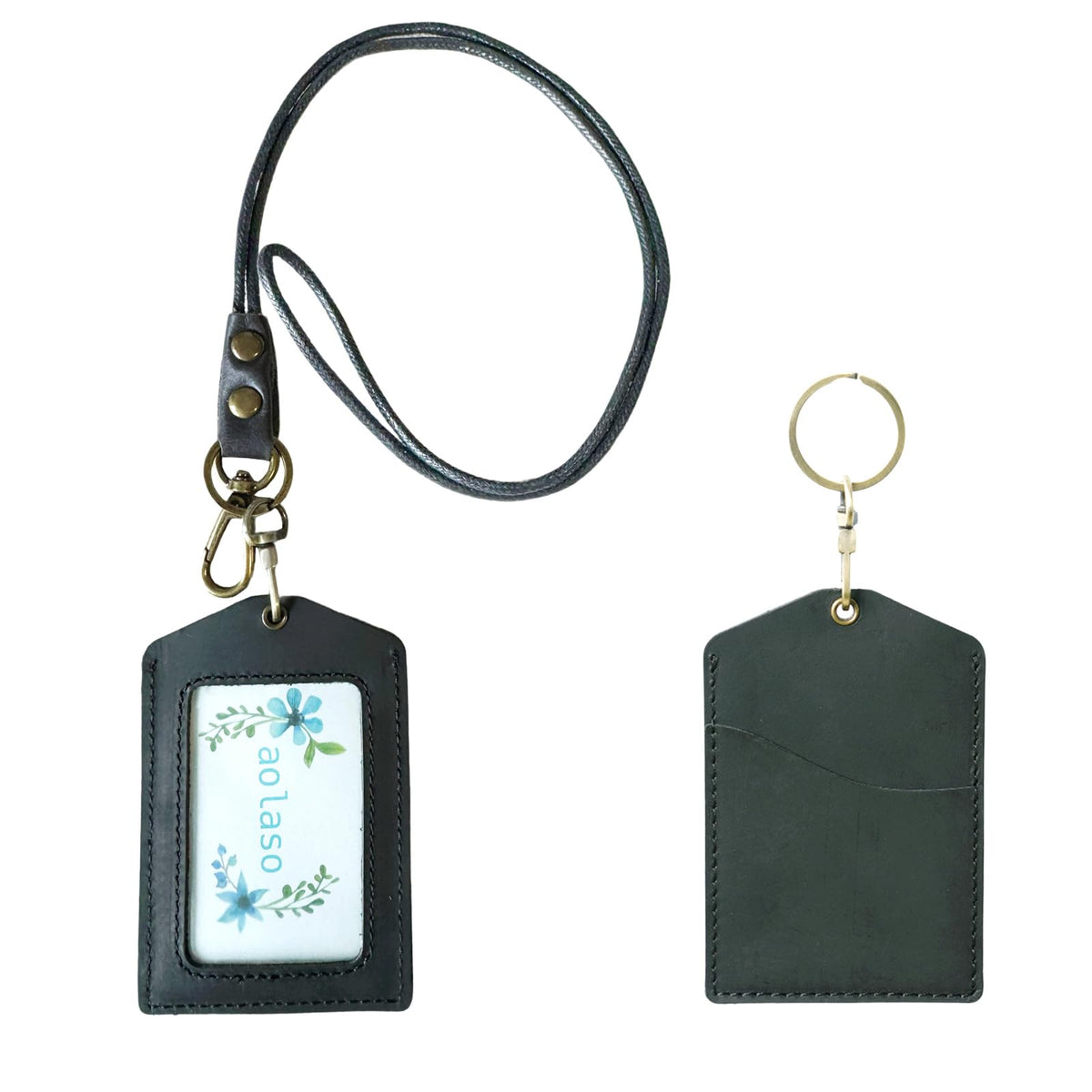 Badge Holder, Handmade Leather ID Card Badge Holder with Carabiner Clip
