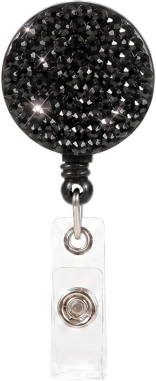 Fashion Premium Retractable Crystal Neck Lanyard,Retractable Bling ID Name Badge Holder,Portable Rhinestone Work Badge Reel Clip for Nurse,Doctor,Teacher(Black)
