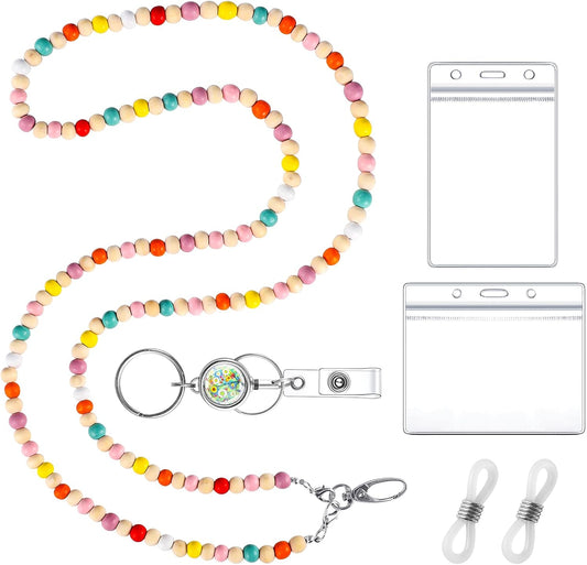 Wooden Beaded Teacher Lanyard Set with Id Holder and Glasses Chain