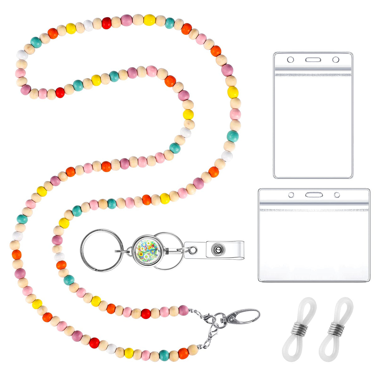 Wooden Beaded Teacher Lanyard Set with Id Holder and Glasses Chain