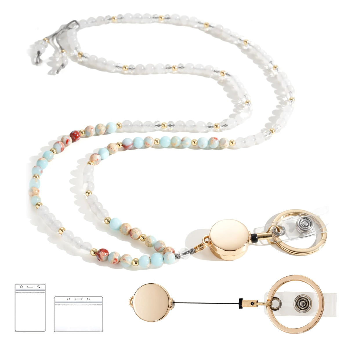 Natural Stone Beaded Lanyards for ID Badges and Keys, Morganite