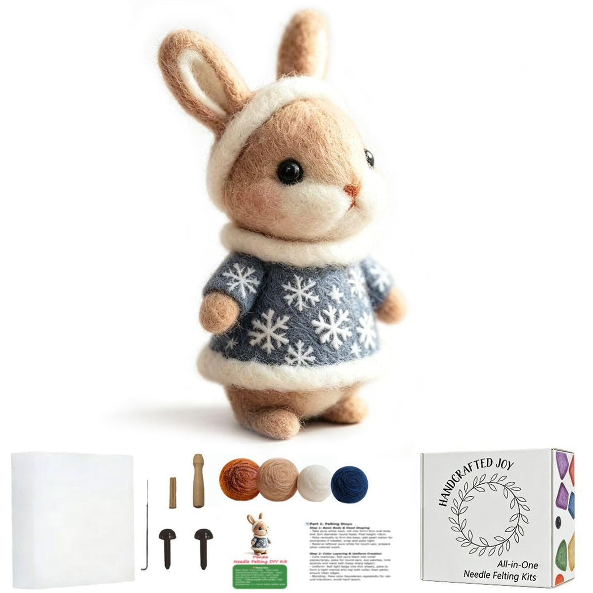 DIY Needle Felting Kit Christmas Santa Bunny – Needle Felting Starter Kit with Fiber Roving, Needles, Felting Pad & Instructions | Felted Animal Kit for Beginners Adults Holiday DIY Craft Gift