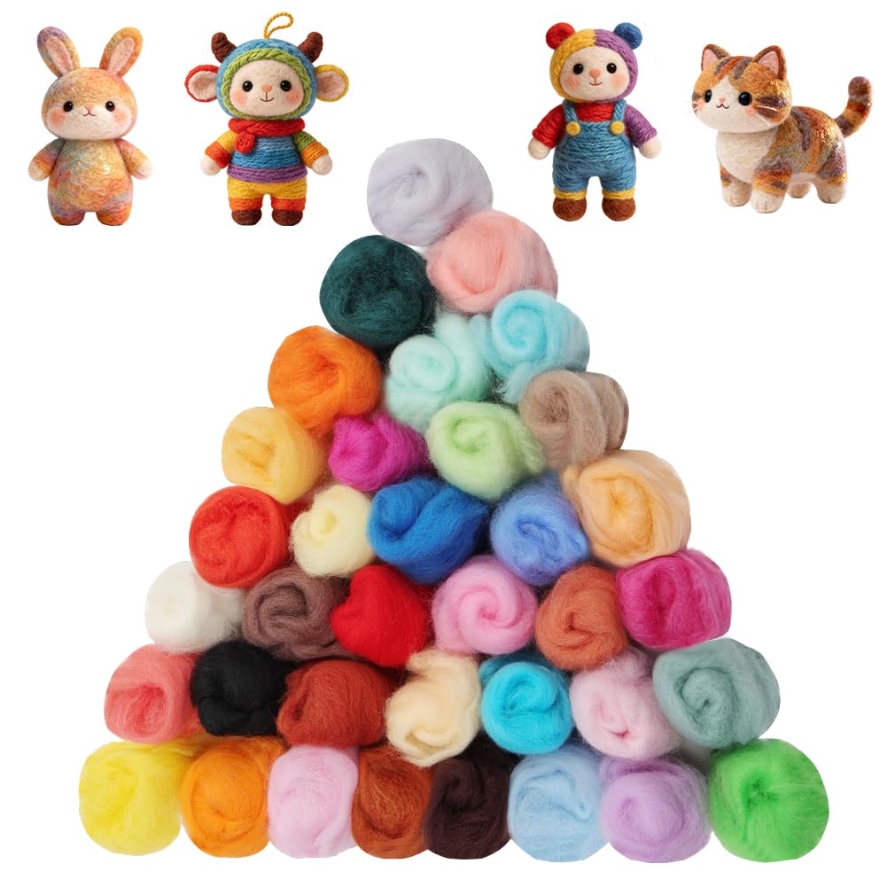 Ainiv 18 Pcs Needle Felting Wool, 9 Colors x 2 Packs Wool Roving, Brown