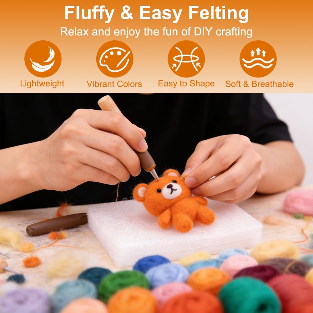 Ainiv 18 Pcs Needle Felting Wool, 9 Colors x 2 Packs Wool Roving, Brown